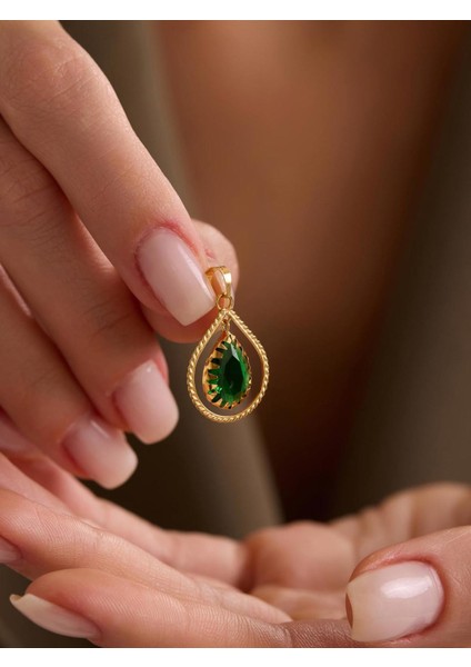 14 Ayar Altın Yeşil Taşlı Damla Çerçeveli Kolye Ucu
