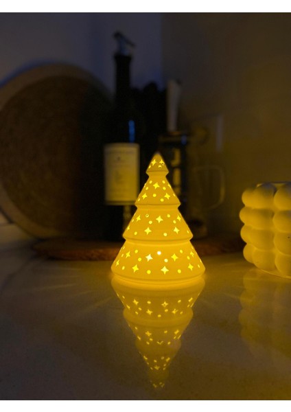 Yılbaşı Temalı Işıklı Çam Ağacı Biblo Seti, Beyaz, 3'lü, Dekoratif Parçalar