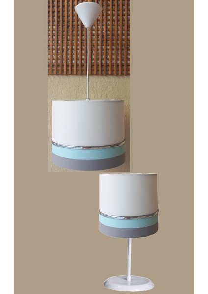 Beyaz Gri Yeşil M-799 Kumaş Kaplama 2.li Set Yatak Odası Genç ve Çocuk Odası Avize ve Abajur Seti