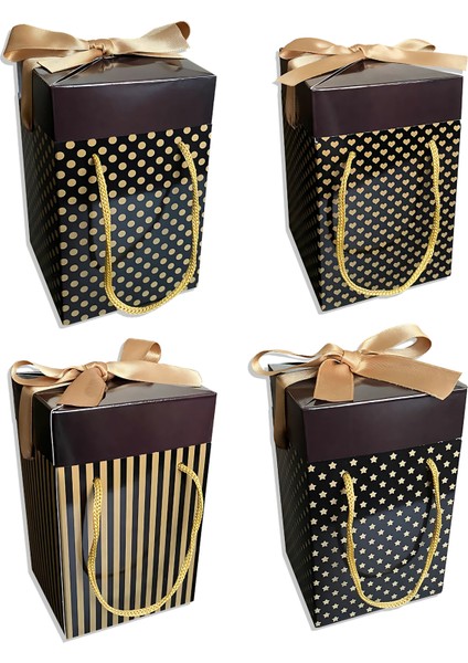 , Altın ve Siyah renkli Hediye kutusu 4 lü Set 9X9X15 cm Özel Tasarım Hediye Kutusu