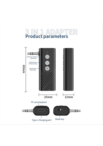Araba Bluetooth 5 3 Ses Adaptörü Aux Bluetooth Alıcı Verici Tf Kart Oynatma Üç-Bir One (Yurt Dışından) fiyatları