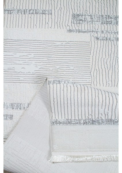 Beyaz Gri Polyester Dokuma Halı – Saçaklı, Antibakteriyel, Toz Tutmaz Modern Salon & Yolluk Halısı