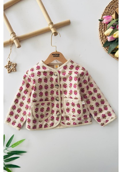 Çiçek Desenli Kız Çocuk Pamuklu Kapitone hırka - Mürdum