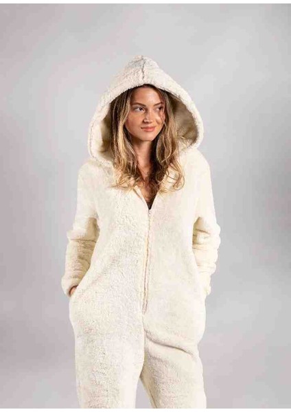 Kışlık Krem Kapüşonlu Polar Peluş Tulum Pijama Takımı
