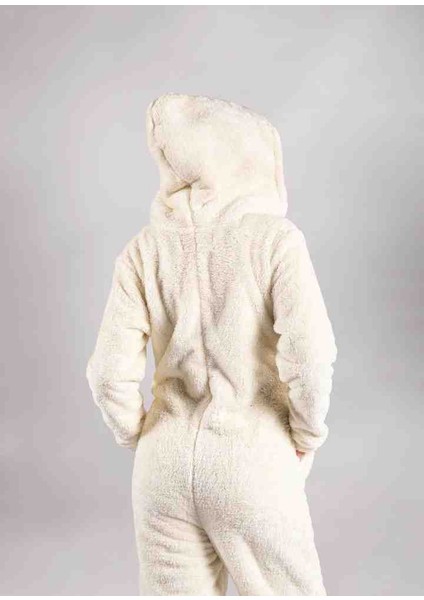 Kışlık Krem Kapüşonlu Polar Peluş Tulum Pijama Takımı fiyatları
