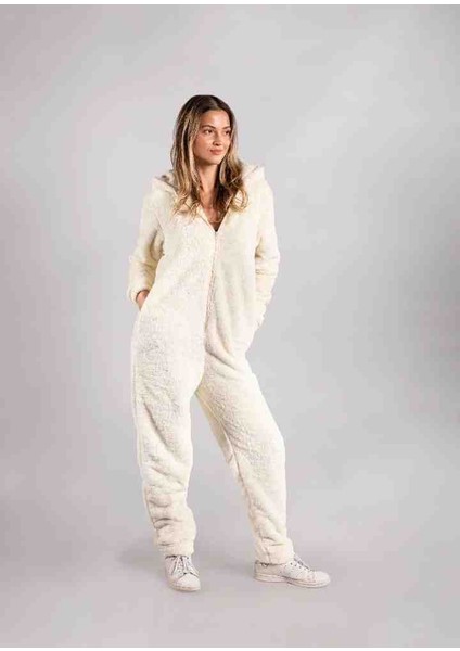 Kışlık Krem Kapüşonlu Polar Peluş Tulum Pijama Takımı modelleri