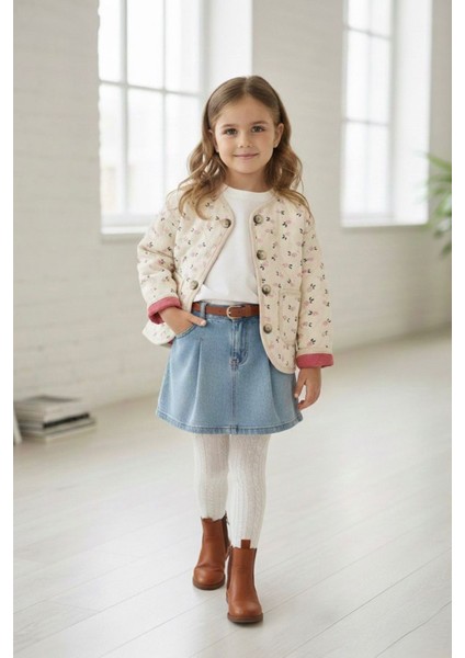 Çiçek Desenli Kız Çocuk Pamuklu Kapitone hırka - Krem fiyatları