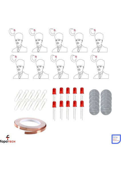 Atatürk ve Türk Bayrağı Kağıt Devreleri Kiti ve Sınıf Paketi – CR2032, Bakır Iletken Bant,led Stem