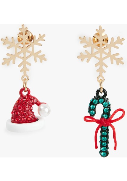 Yılbaşı Temalı Çok Renkli Taş Detaylı Asimetrik Kar Tanesi Küpe