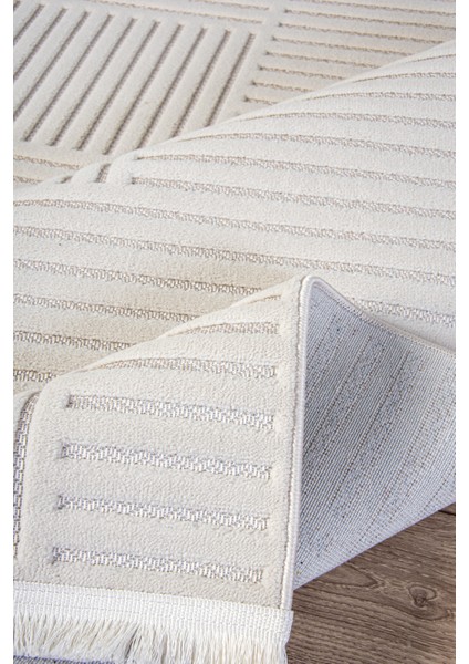 Ekru Beyaz Sisal Hasır Desen Halı – Saçaklı, Kaymaz Tabanlı Bukle Dokuma Yolluk – Salon, Mutfak ve Çocuk Odası Halısı