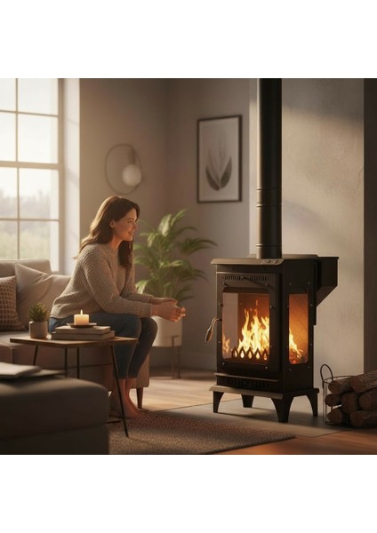 Pelet Soba Pelet Şömine 3 Tarafı Camlı Paslanmaz Krom Hazneli