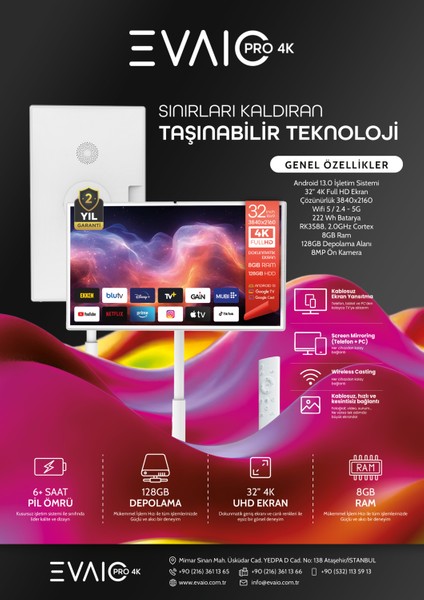 Pro 4K 32" Android Smart Taşınabilir LED TV