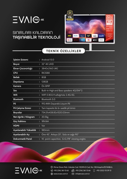 Pro 4K 32" Android Smart Taşınabilir LED TV