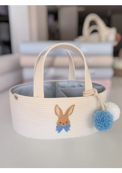 ! Tavşan Figürlü Jüt Ip Ekru Anne Bebek Bakım Çantası ve Organizeri
