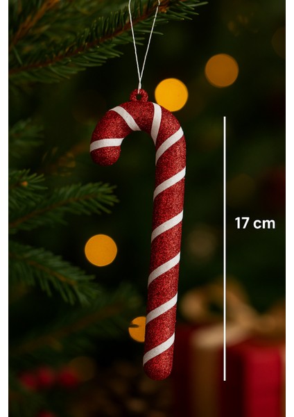 Kırmızı Simli Şeker Kamışı Yılbaşı Süsü, 17 Cm, Eğlenceli ve Parlak Dekorasyon.