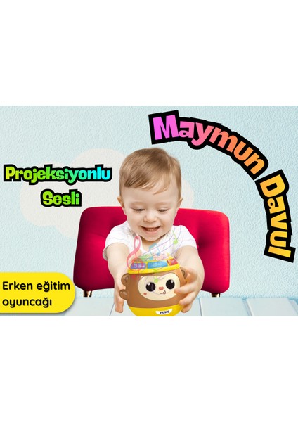 Projeksiyonlu Sesli Sevimli Müzikli Maymun Davul Bebek Oyuncağı