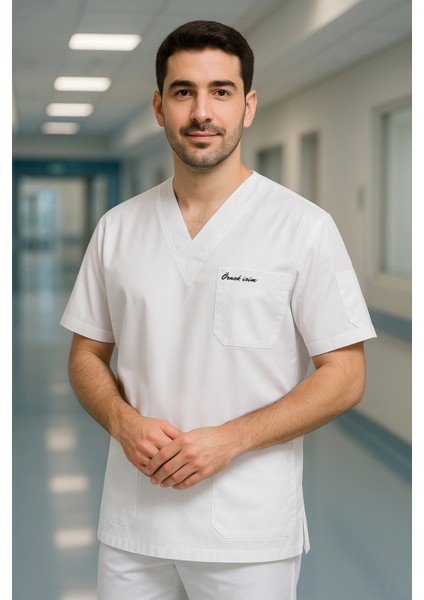 Mırach Med Kişiye Özel Isimli Erkek Tek Üst 4 Cepli Scrubs Forma