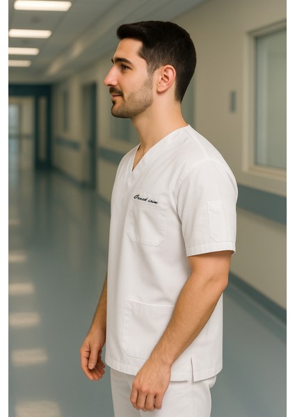 Mırach Med Kişiye Özel Isimli Erkek Tek Üst 4 Cepli Scrubs Forma fiyatları
