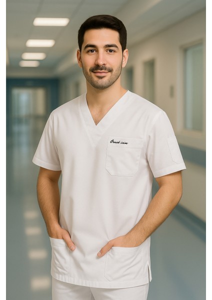 Mırach Med Kişiye Özel Isimli Erkek Tek Üst 4 Cepli Scrubs Forma modelleri