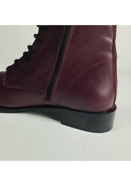 Kadın Hakiki Deri Fermuarlı ve Bağcıklı Bordo Deri Bot