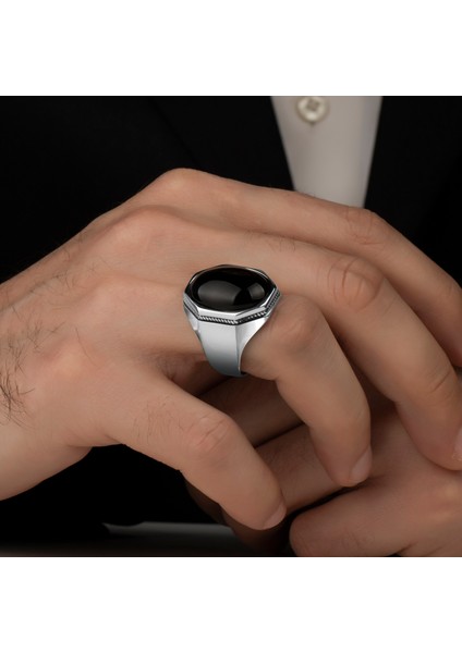 Siyah Sade Taşlı 925 Gümüş Yüzük