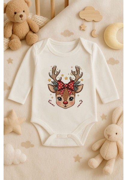 2026 Yeni Yıl Yılbaşı Noel Baskılı Pamuklu Uzun Kollu Çıtçıtlı Bebek Ekru Body Zıbın Atlet Tulum