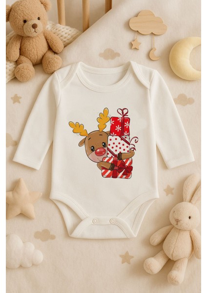 2026 Yeni Yıl Yılbaşı Noel Baskılı Pamuklu Uzun Kollu Çıtçıtlı Bebek Ekru Body Zıbın Atlet Tulum