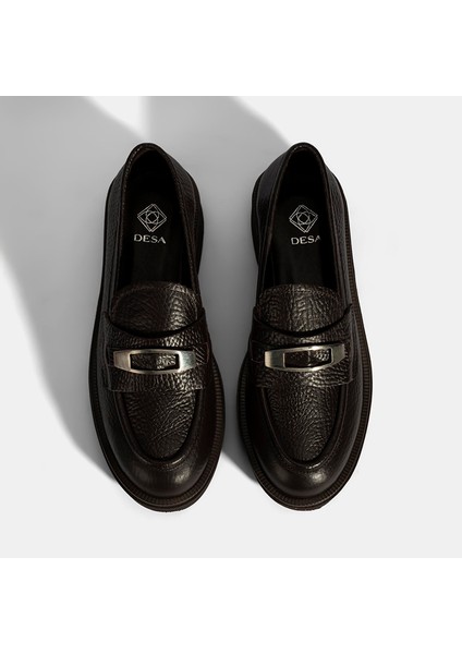 Kadın Kahve Toka Aksesuarlı Kalın Tabanlı Deri Loafer