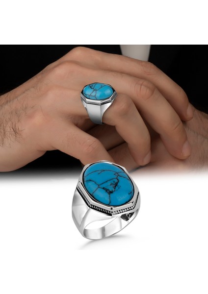 Firuze Taşlı 925 Ayar Gümüş Yüzük Erkek