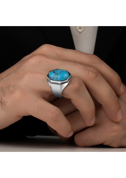 Firuze Taşlı 925 Ayar Gümüş Yüzük Erkek modelleri