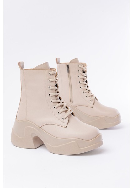 ZRİN-2550 Bej Kalın Tabanlı Bağcıklı Fermuarlı Kışlık Premium Kadın Bot