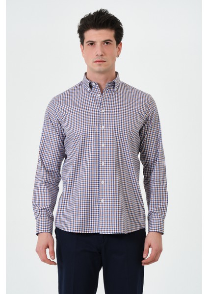 Erkek Kahverengi Pötikare Cepli Regular Fit Düğmeli Yaka Uzun Kol Gömlek