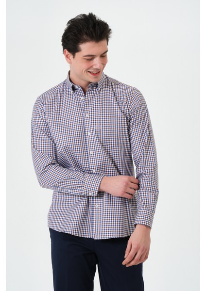 Erkek Kahverengi Pötikare Cepli Regular Fit Düğmeli Yaka Uzun Kol Gömlek modelleri