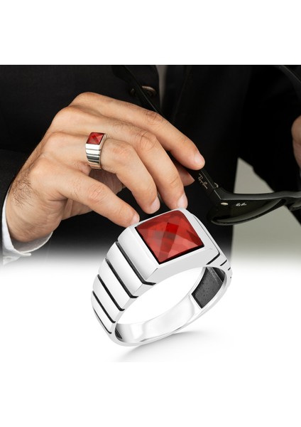 925 Ayar Gümüş Erkek Yüzük Zirkon Kırmızı Taşlı fiyatları