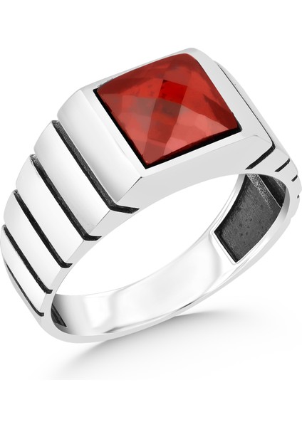 925 Ayar Gümüş Erkek Yüzük Zirkon Kırmızı Taşlı modelleri