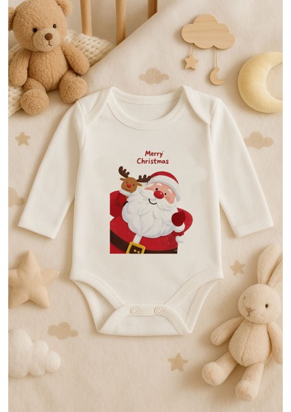 2026 Yeni Yıl Yılbaşı Noel Baskılı Pamuklu Uzun Kollu Çıtçıtlı Bebek Ekru Body Zıbın Atlet Tulum