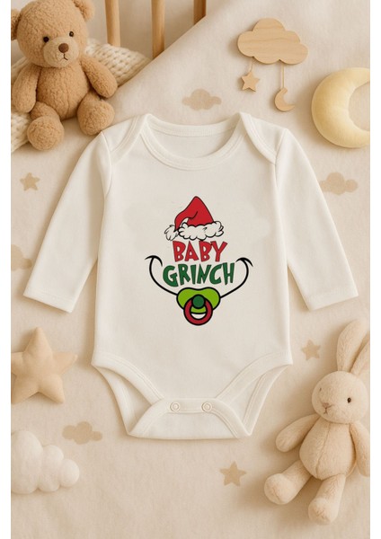 2026 Yeni Yıl Yılbaşı Noel Baskılı Pamuklu Uzun Kollu Çıtçıtlı Bebek Ekru Body Zıbın Atlet Tulum