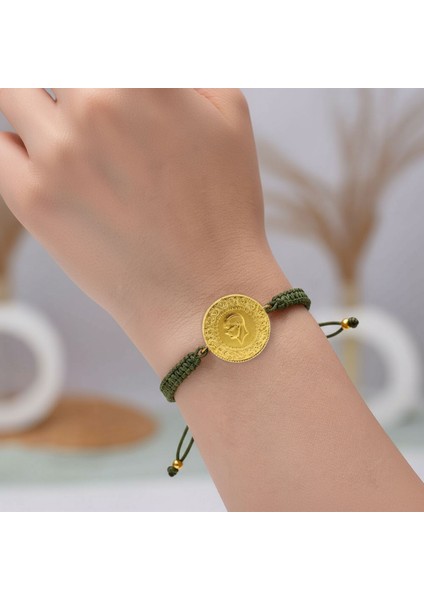 22 Ayar Yeni Tam Altın Haki Renkli Ipli Bileklik