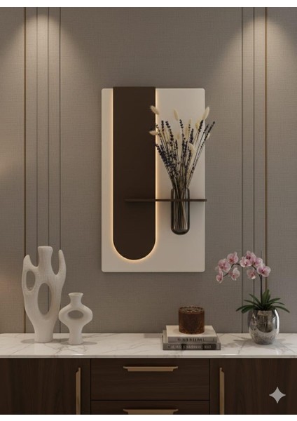 Okaliptus Ahşap Pilli Ledli Iskandinav Tarzı Salon Duvar Rafı Modern Çiçeklik 40 x 75 cm