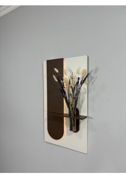 Okaliptus Ahşap Pilli Ledli Iskandinav Tarzı Salon Duvar Rafı Modern Çiçeklik 40 x 75 cm