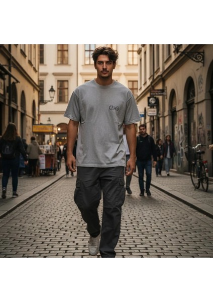 Kurukafa Baskılı Gri Yıkamalı Oversize Tişört