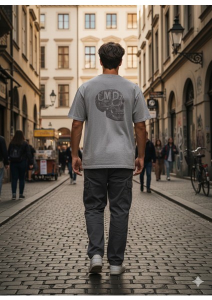 Kurukafa Baskılı Gri Yıkamalı Oversize Tişört modelleri