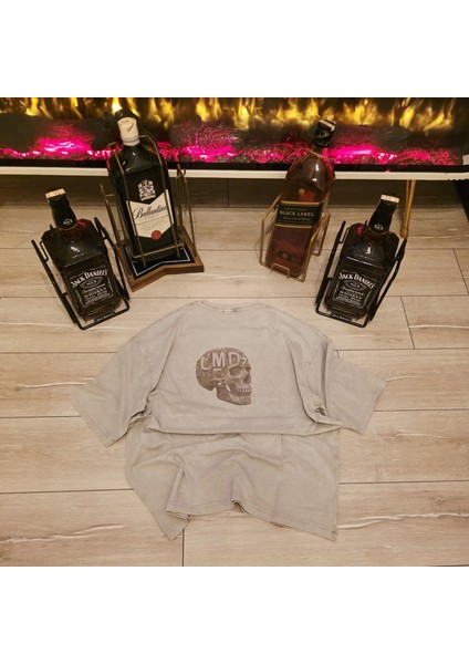 Kurukafa Baskılı Gri Yıkamalı Oversize Tişört fırsatları