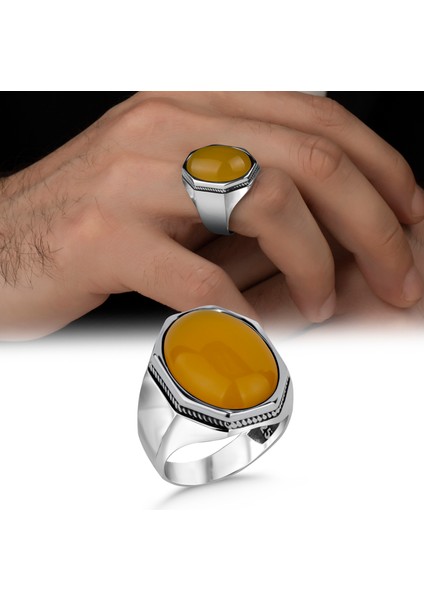 Sarı Akik Taşlı Sade Model 925 Ayar Erkek Yüzük