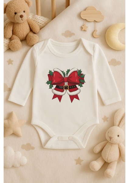 2026 Yeni Yıl Yılbaşı Noel Baskılı Pamuklu Uzun Kollu Çıtçıtlı Bebek Ekru Body Zıbın Atlet Tulum