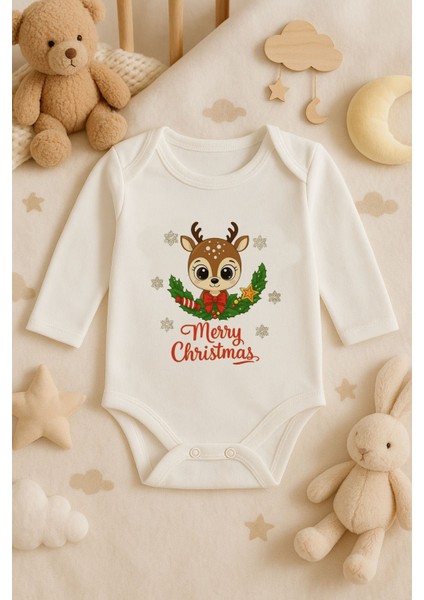 2026 Yeni Yıl Yılbaşı Noel Baskılı Pamuklu Uzun Kollu Çıtçıtlı Bebek Ekru Body Zıbın Atlet Tulum