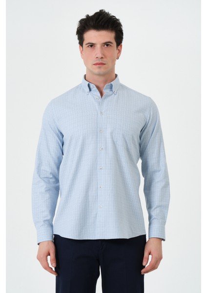 Erkek Mavi Ekose Cepli Regular Fit Düğmeli Yaka Uzun Kol Gömlek