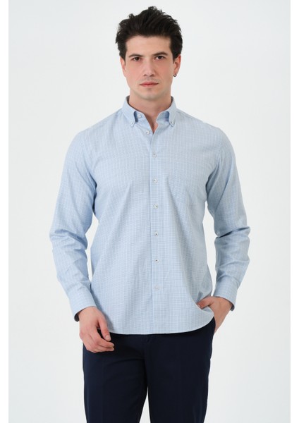 Erkek Mavi Ekose Cepli Regular Fit Düğmeli Yaka Uzun Kol Gömlek fiyatları