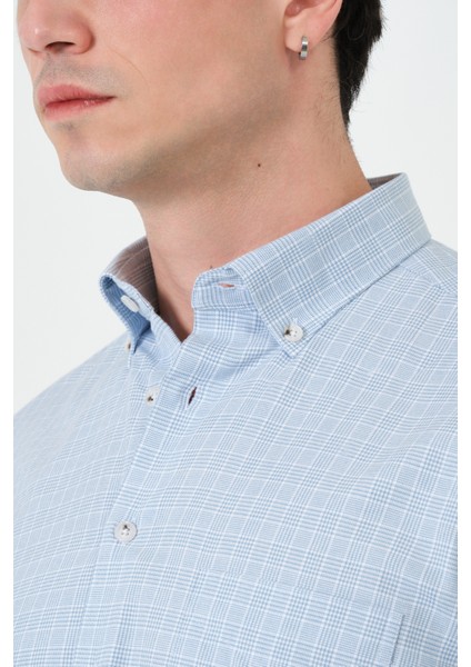 Erkek Mavi Ekose Cepli Regular Fit Düğmeli Yaka Uzun Kol Gömlek fırsatları