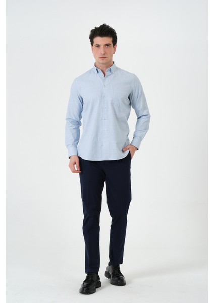 Erkek Mavi Ekose Cepli Regular Fit Düğmeli Yaka Uzun Kol Gömlek indirimleri